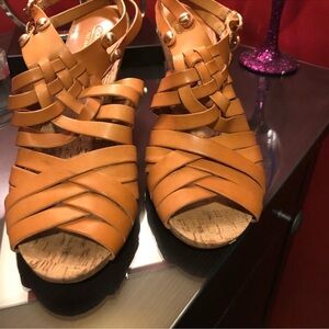Coach Tan Braided Leather Wedge Sandals
